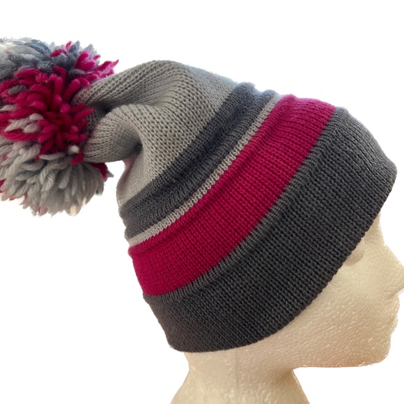 Smiley Hat Pom Pom Ski Beanie Gray Pink Purple 100% Wool Made in USA Toque - Picture 4 of 7